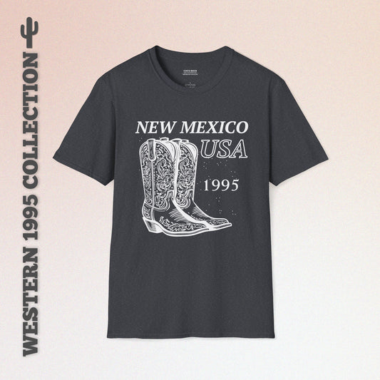 New Mexico, USA, White Cowboy Boots Graphic T-Shirt, Western 1995 Graphic Tee Collection