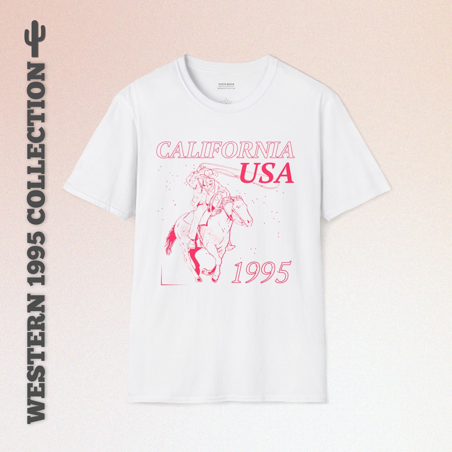 California, USA, Pink Cowboy Lasso Graphic T-Shirt, Western 1995 Graphic Tee Collection