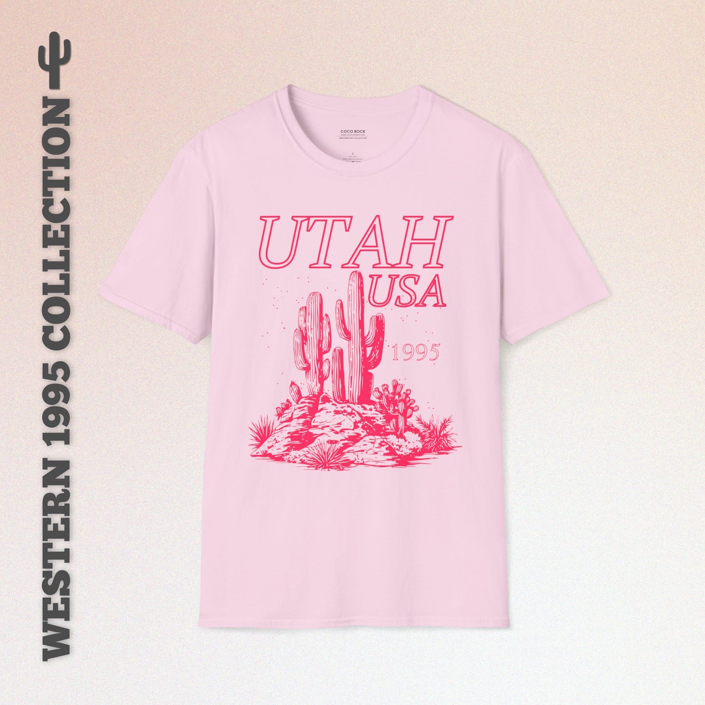 Utah, USA, Pink Desert Cactus Graphic T-Shirt, Western 1995 Graphic Tee Collection