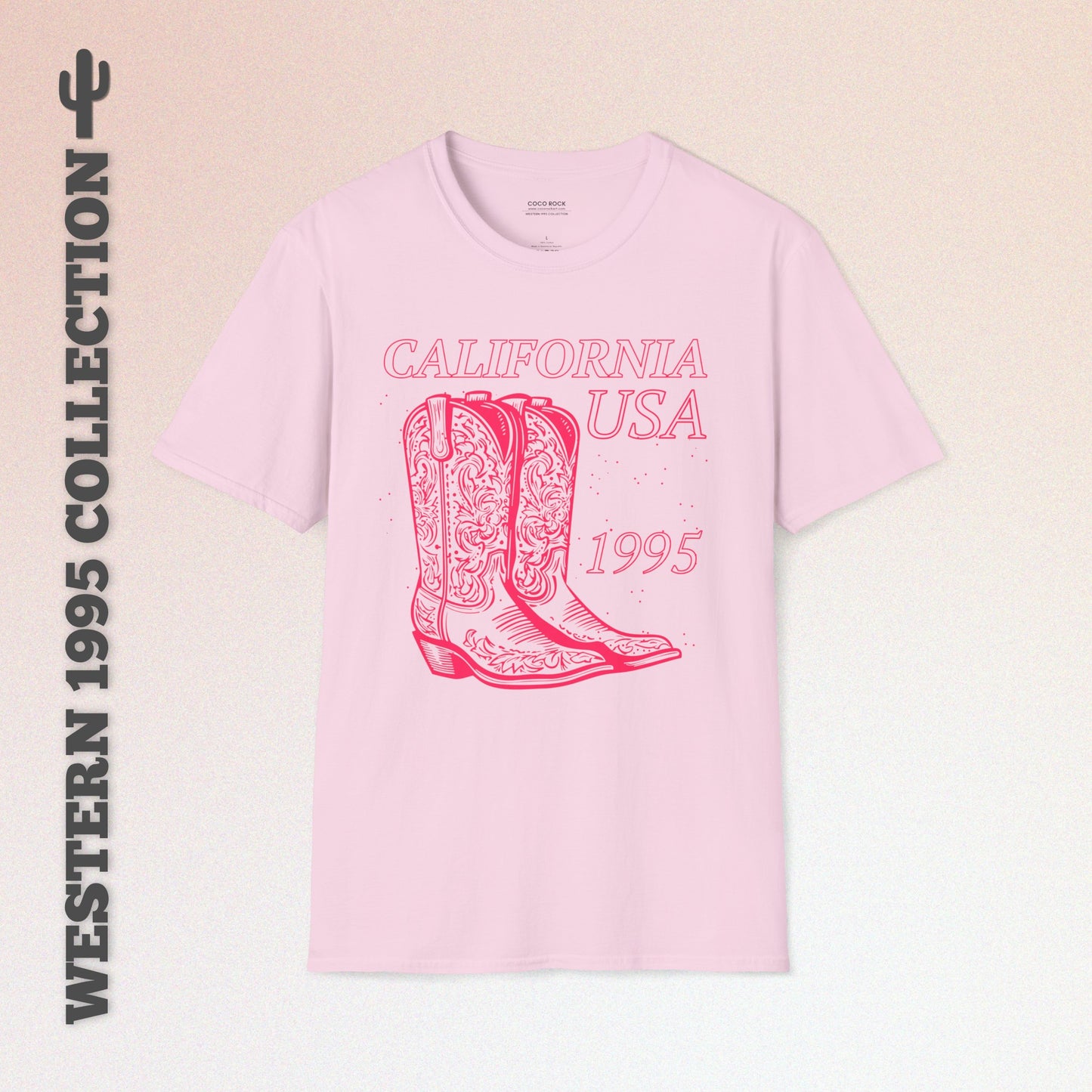 California, USA, Pink Cowboy Boots Graphic T-Shirt, Western 1995 Graphic Tee Collection