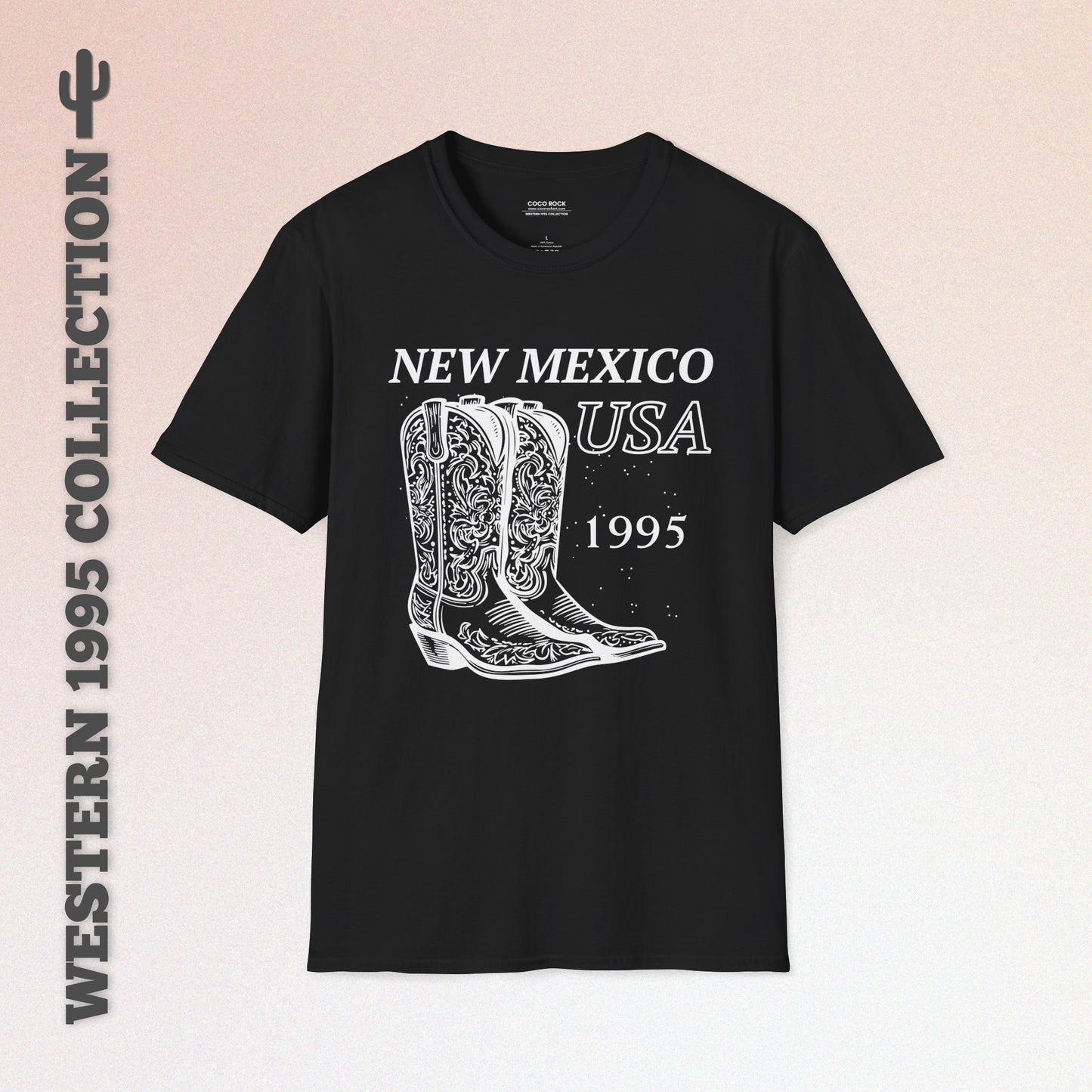 New Mexico, USA, White Cowboy Boots Graphic T-Shirt, Western 1995 Graphic Tee Collection