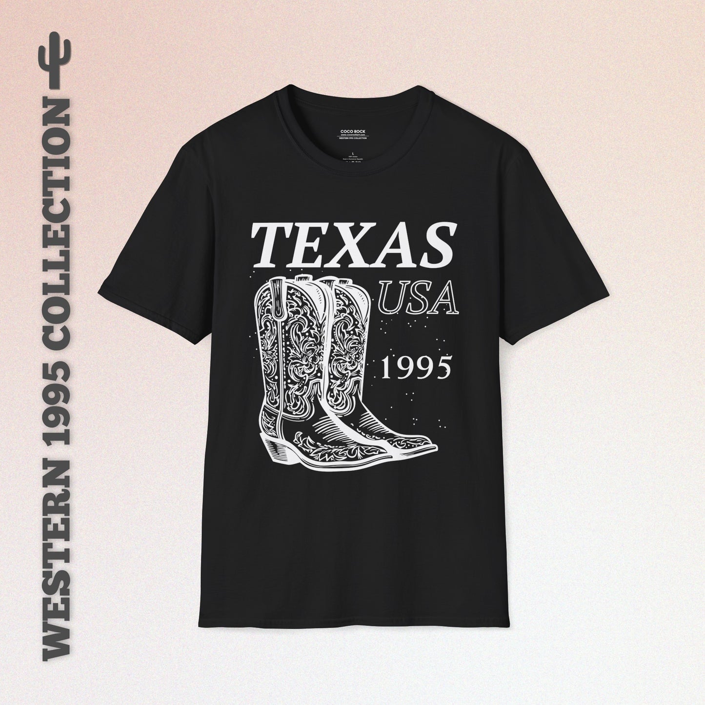 Texas, USA, White Cowboy Boots Graphic T-Shirt, Western 1995 Graphic Tee Collection