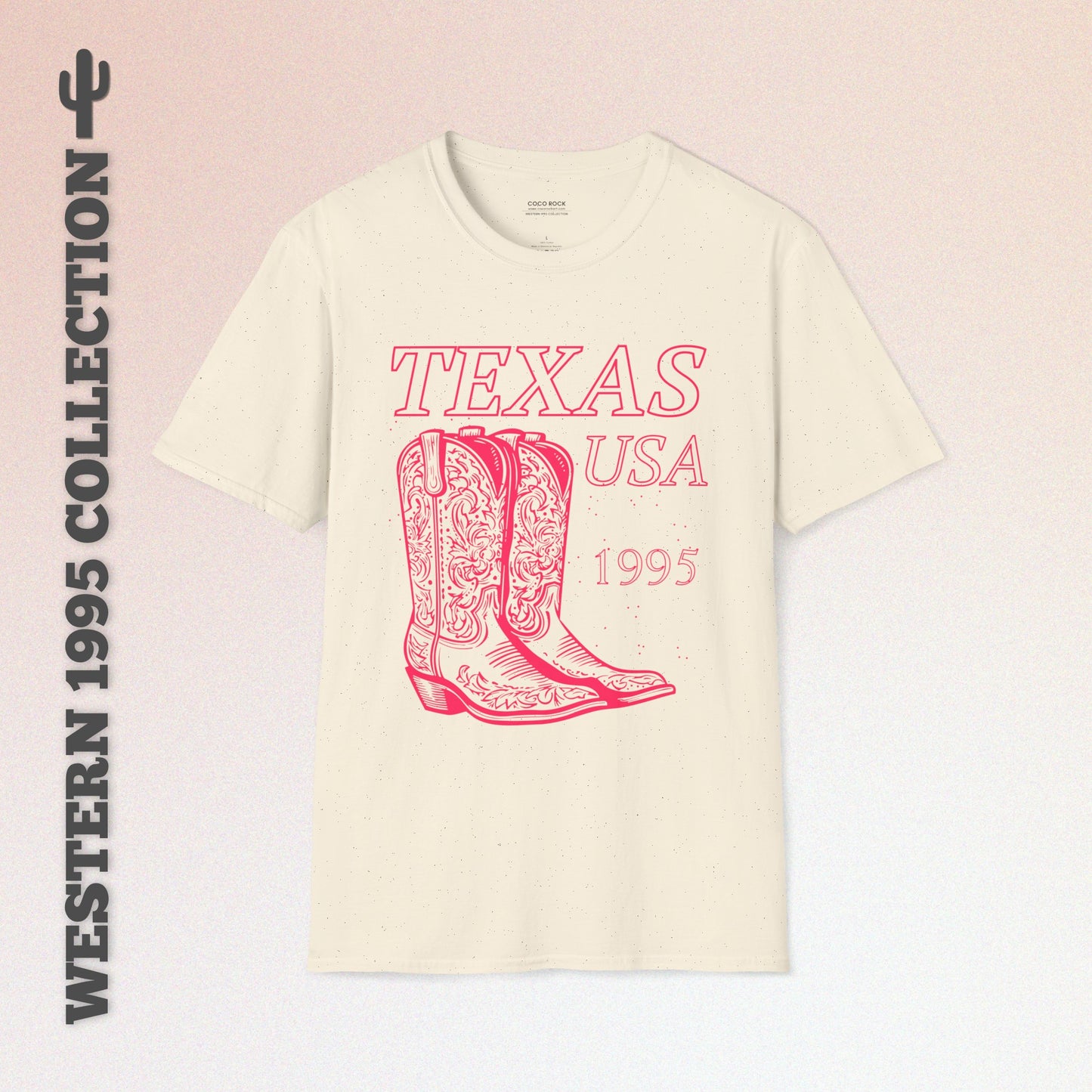 Texas, USA, Pink Cowboy Boots Graphic T-Shirt, Western 1995 Graphic Tee Collection