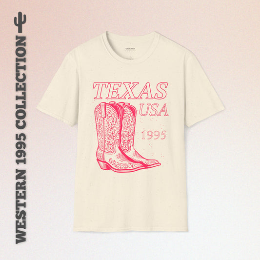 Texas, USA, Pink Cowboy Boots Graphic T-Shirt, Western 1995 Graphic Tee Collection