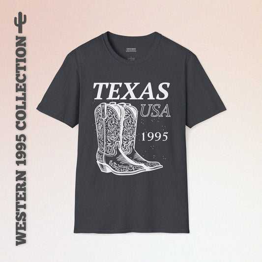 Texas, USA, White Cowboy Boots Graphic T-Shirt, Western 1995 Graphic Tee Collection