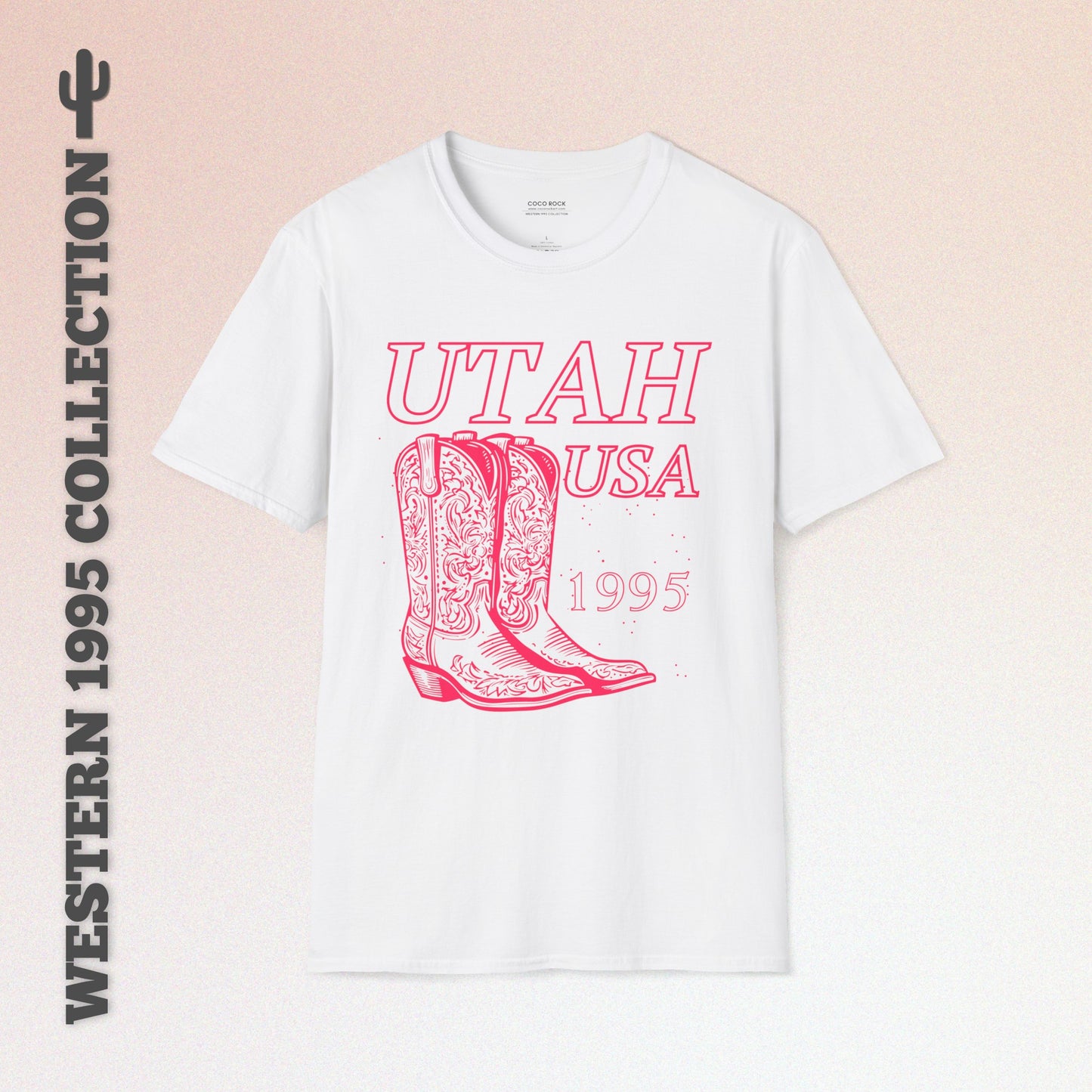 Utah, USA, Pink Cowboy Boots Graphic T-Shirt, Western 1995 Graphic Tee Collection