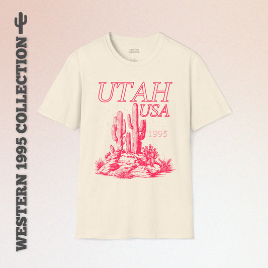 Utah, USA, Pink Desert Cactus Graphic T-Shirt, Western 1995 Graphic Tee Collection