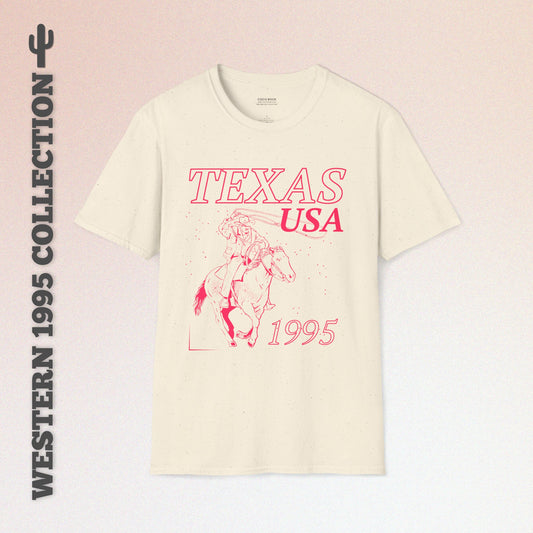 Texas, USA, Pink Cowboy Lasso Graphic T-Shirt, Western 1995 Graphic Tee Collection