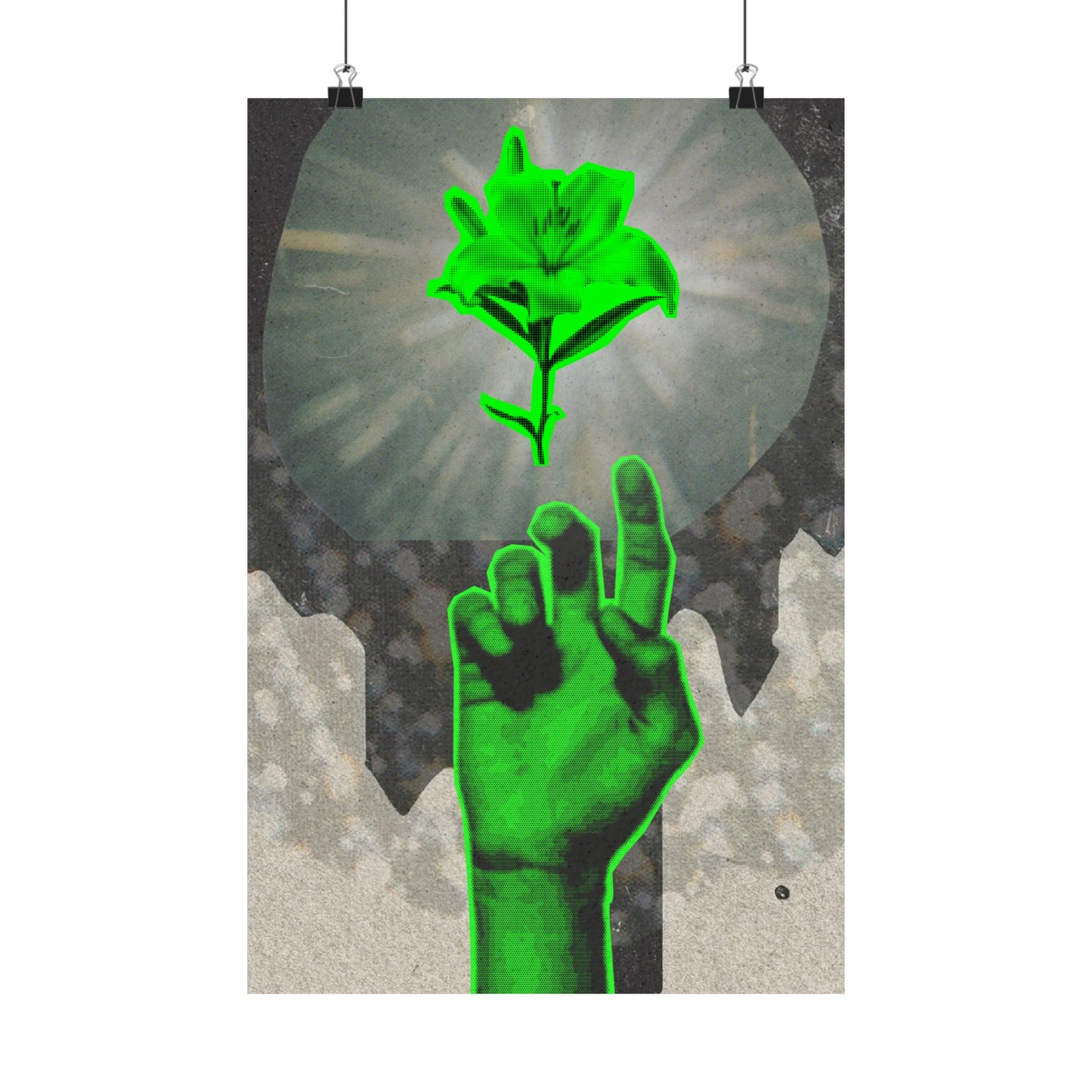 Eclectic Mixed Media Art - Green Hand Reaching for Flower - Matte Vertical Posters