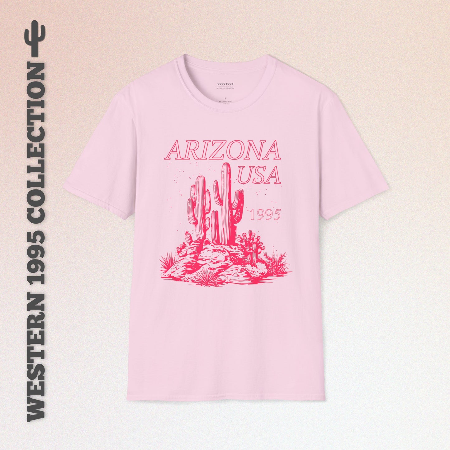 Arizona, USA, Pink Desert Cactus Graphic T-Shirt, Western 1995 Graphic Tee Collection