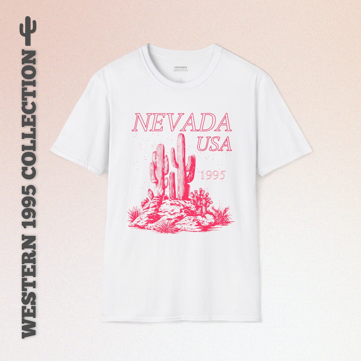 Nevada, USA, Pink Desert Cactus Graphic T-Shirt, Western 1995 Graphic Tee Collection