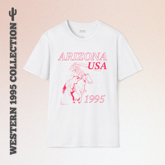 Arizona, USA, Pink Cowboy Lasso Graphic T-Shirt, Western 1995 Graphic Tee Collection