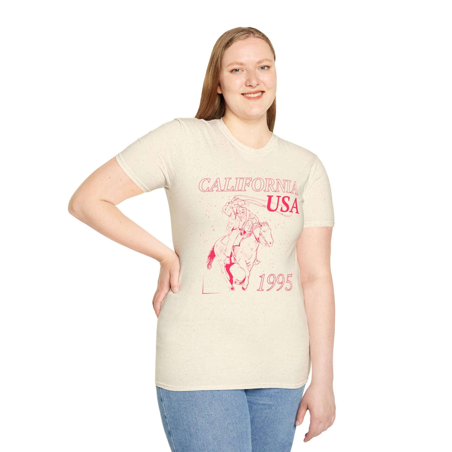 California, USA, Pink Cowboy Lasso Graphic T-Shirt, Western 1995 Graphic Tee Collection