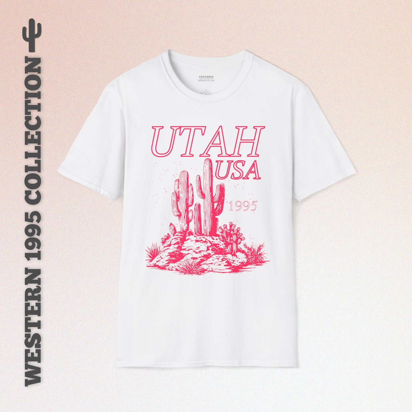 Utah, USA, Pink Desert Cactus Graphic T-Shirt, Western 1995 Graphic Tee Collection