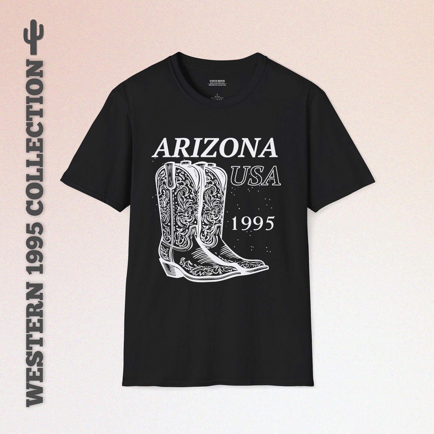 Arizona, USA, White Cowboy Boots Graphic T-Shirt, Western 1995 Graphic Tee Collection