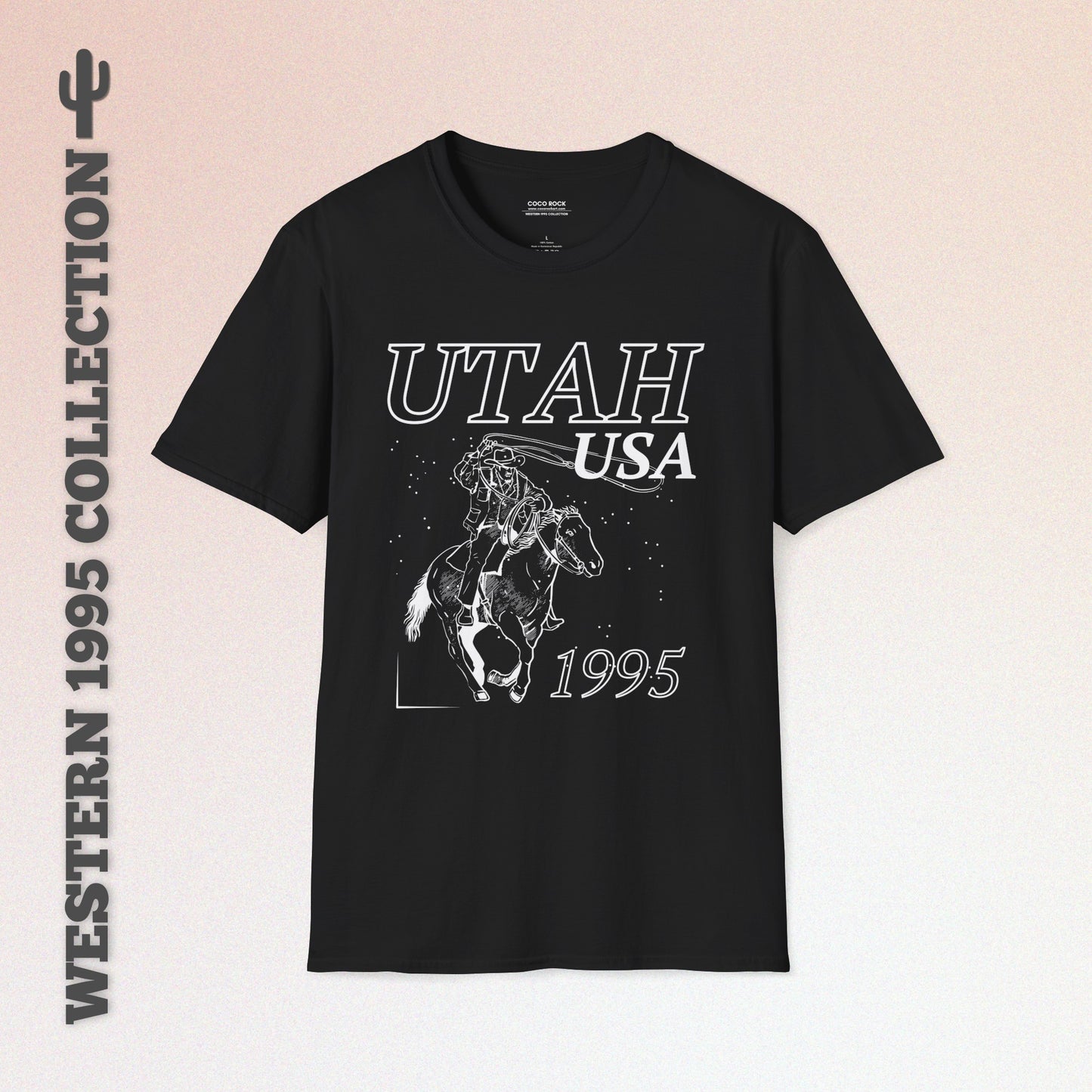 Utah, USA, White Cowboy Lasso Graphic T-Shirt, Western 1995 Graphic Tee Collection