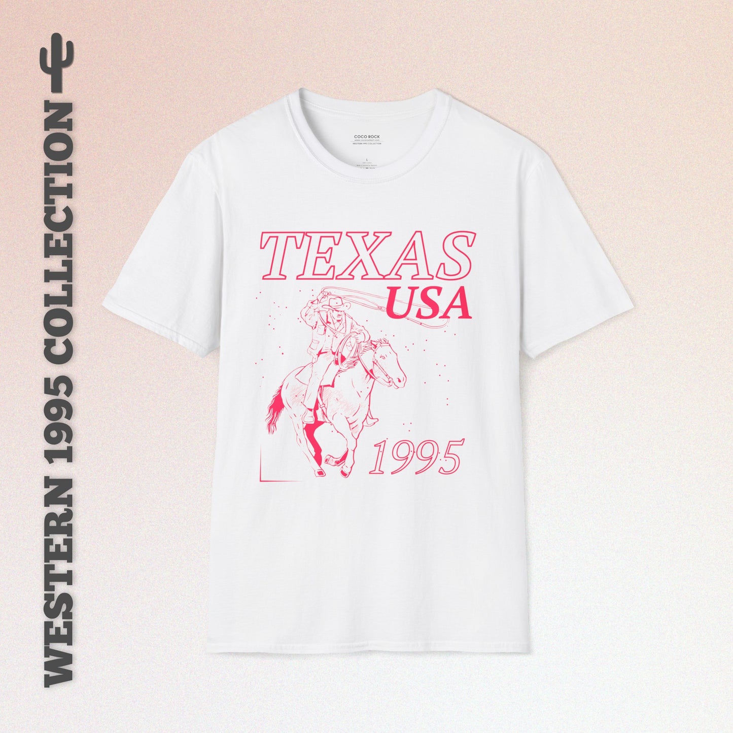 Texas, USA, Pink Cowboy Lasso Graphic T-Shirt, Western 1995 Graphic Tee Collection