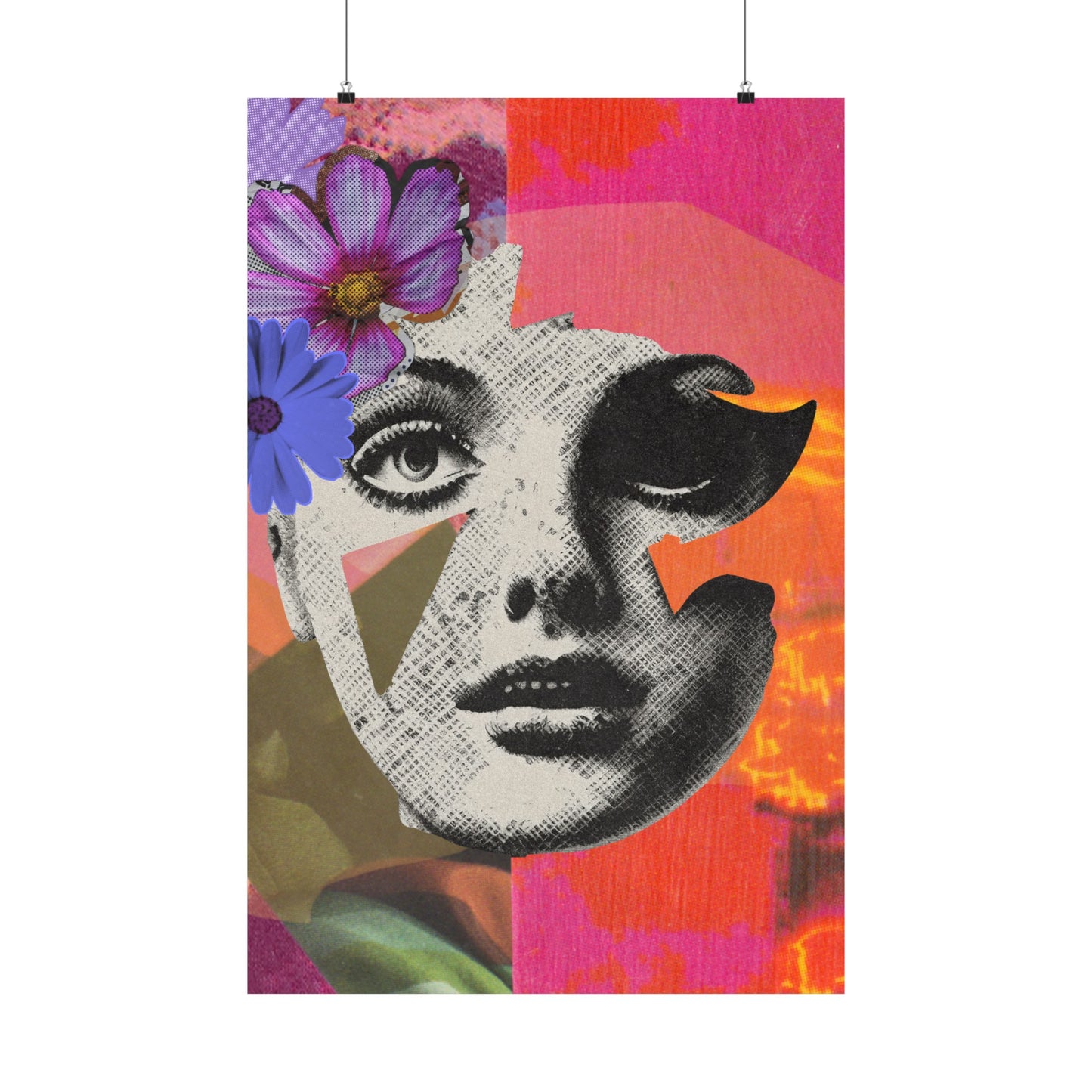 Eclectic Mixed Media Art - Face with Purple Flowers - Matte Vertical Posters