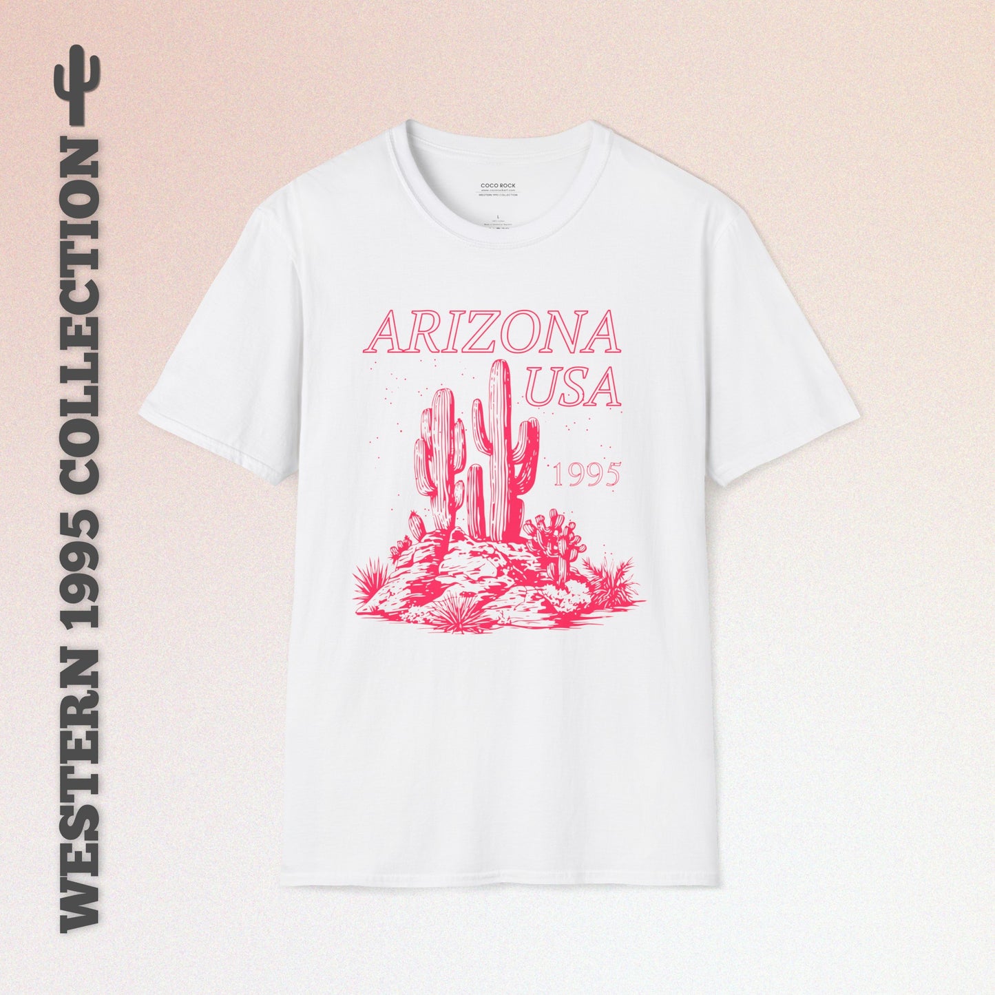 Arizona, USA, Pink Desert Cactus Graphic T-Shirt, Western 1995 Graphic Tee Collection