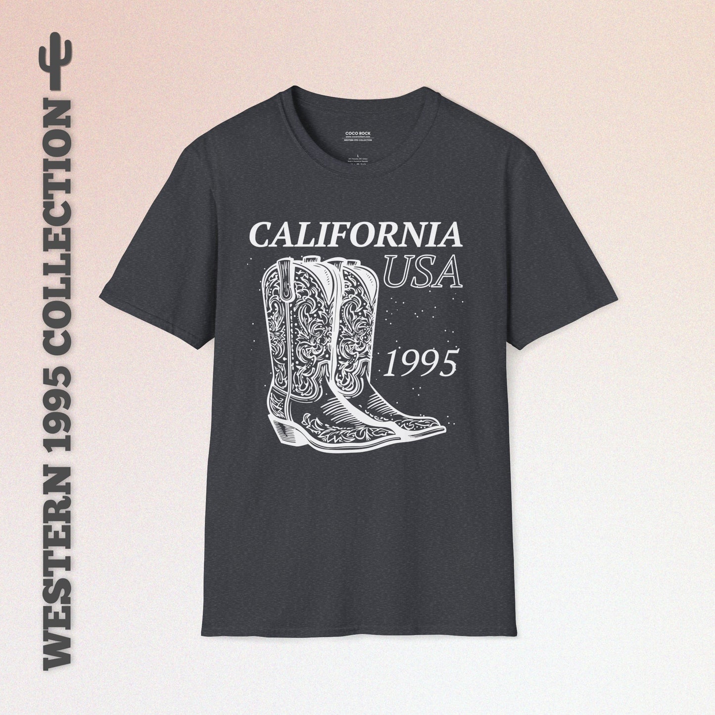 California, USA, White Cowboy Boots Graphic T-Shirt, Western 1995 Graphic Tee Collection