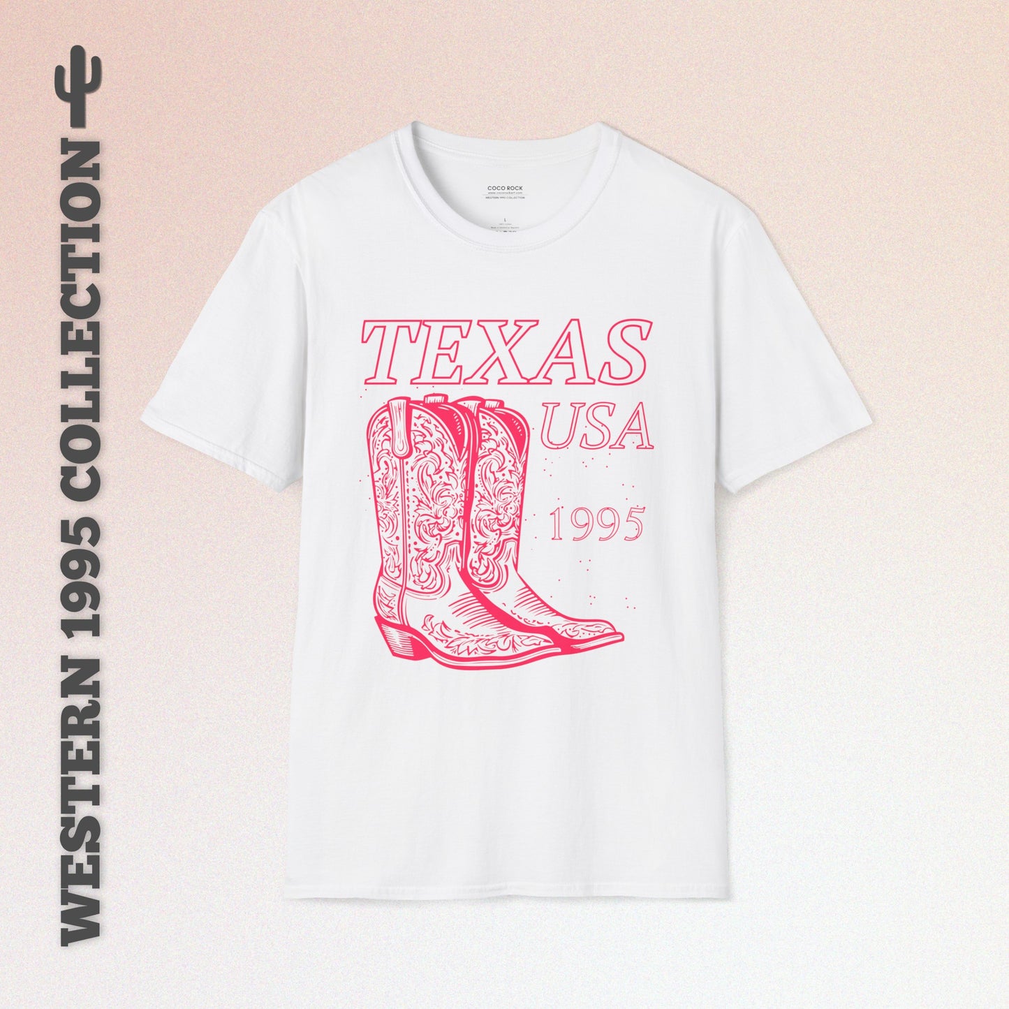 Texas, USA, Pink Cowboy Boots Graphic T-Shirt, Western 1995 Graphic Tee Collection