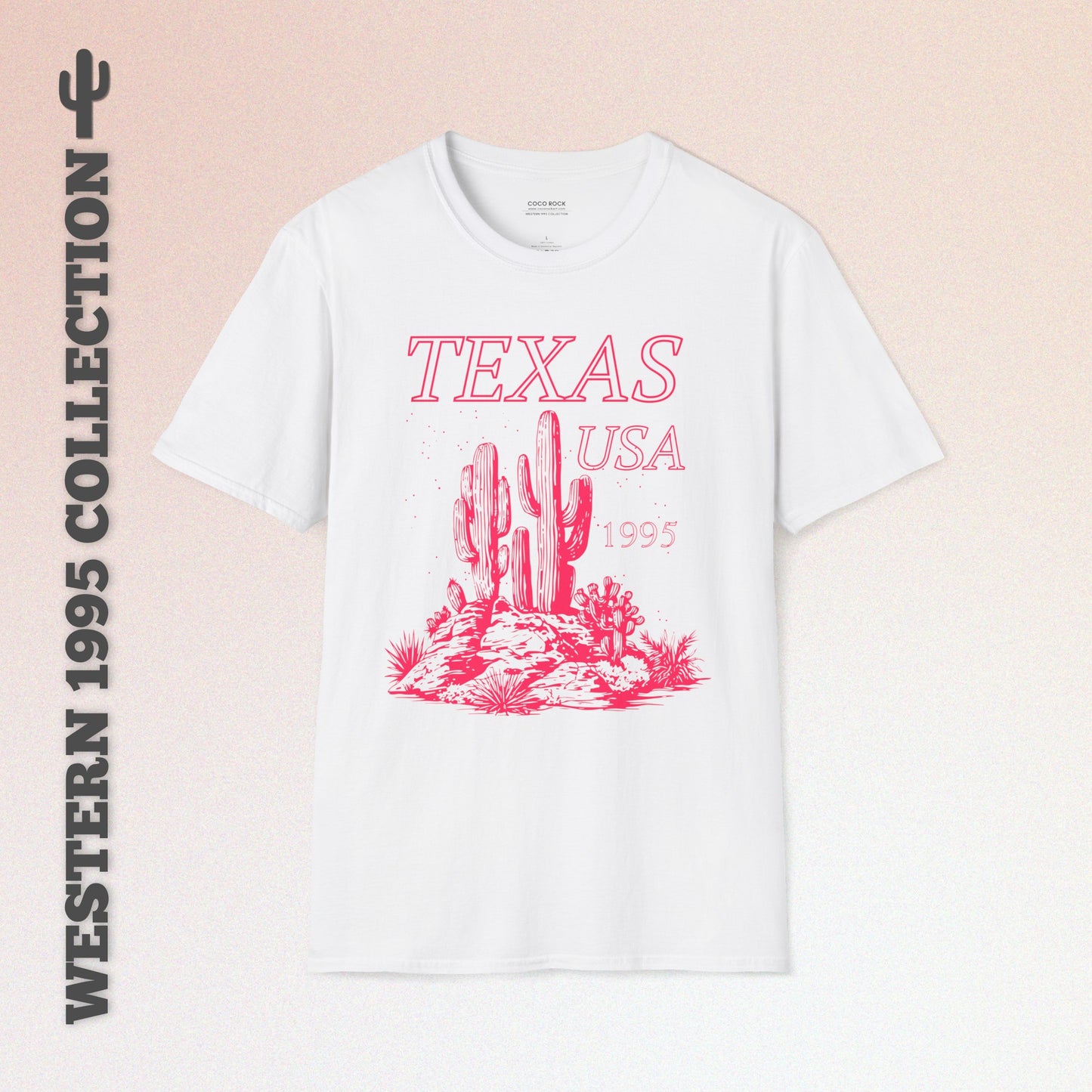 Texas, USA, Pink Desert Cactus Graphic T-Shirt, Western 1995 Graphic Tee Collection