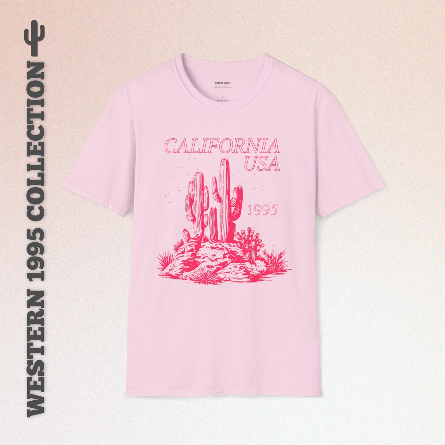 California, USA, Pink Desert Cactus Graphic T-Shirt, Western 1995 Graphic Tee Collection