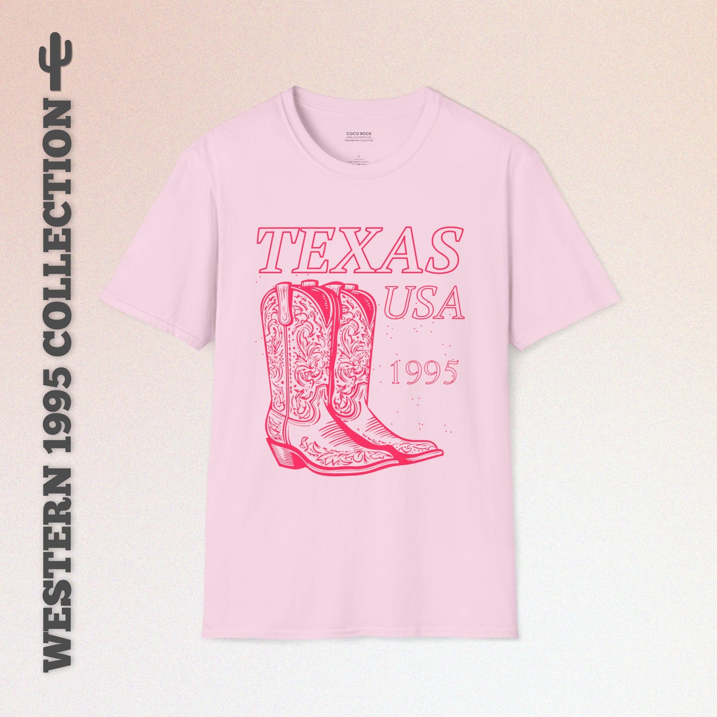 Texas, USA, Pink Cowboy Boots Graphic T-Shirt, Western 1995 Graphic Tee Collection