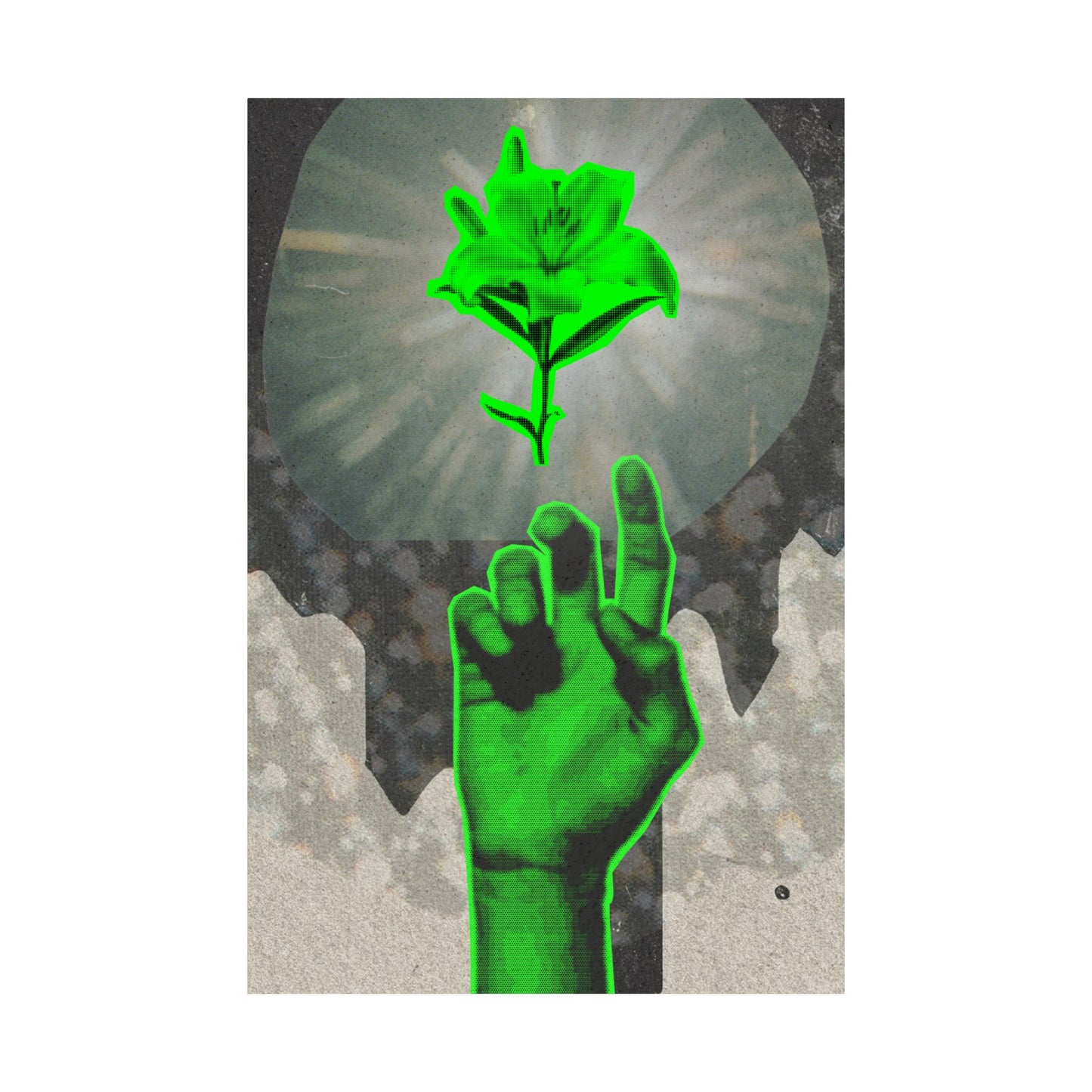 Eclectic Mixed Media Art - Green Hand Reaching for Flower - Matte Vertical Posters