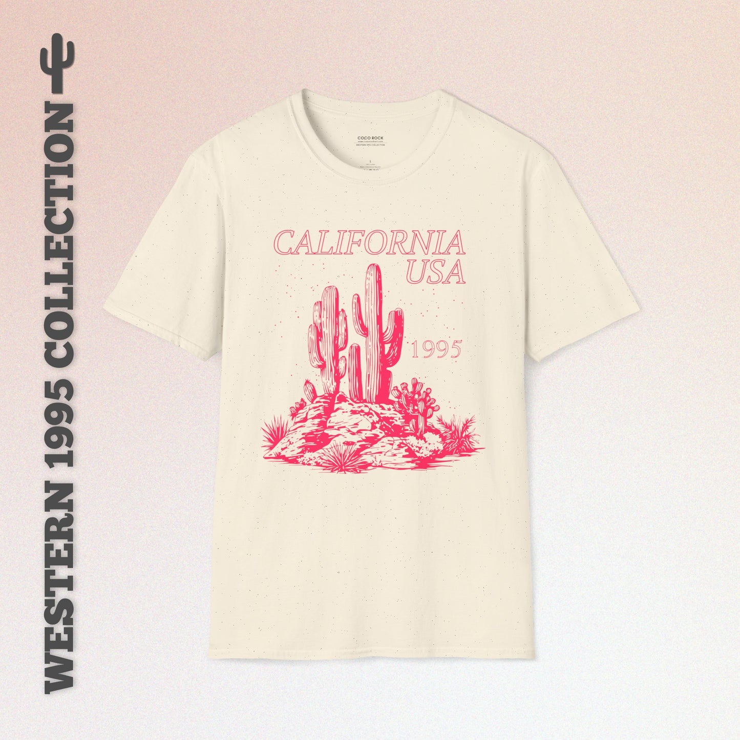 California, USA, Pink Desert Cactus Graphic T-Shirt, Western 1995 Graphic Tee Collection