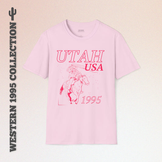 Utah, USA, Pink Cowboy Lasso Graphic T-Shirt, Western 1995 Graphic Tee Collection