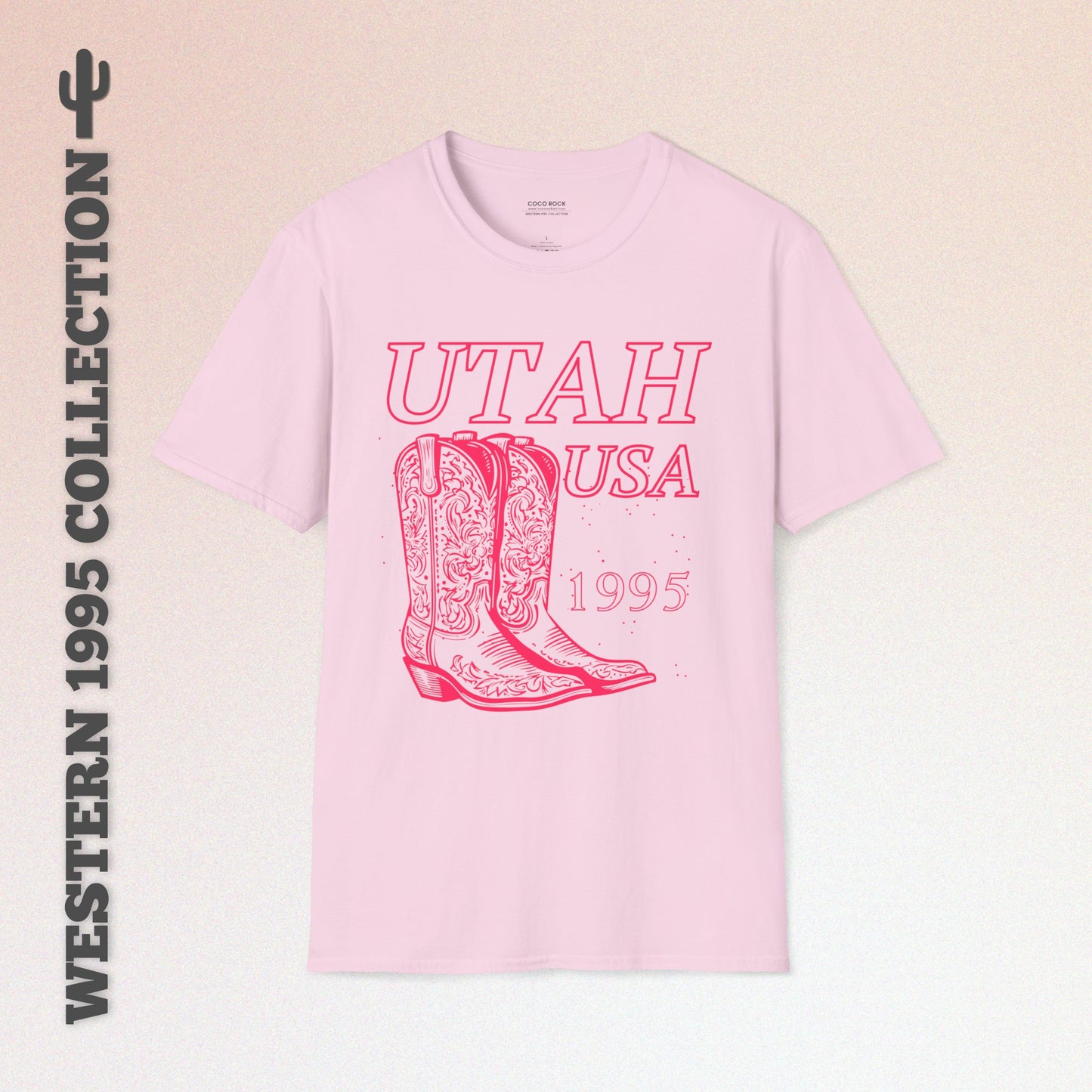 Utah, USA, Pink Cowboy Boots Graphic T-Shirt, Western 1995 Graphic Tee Collection