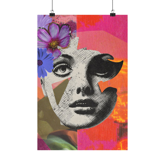 Eclectic Mixed Media Art - Face with Purple Flowers - Matte Vertical Posters