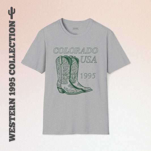 Colorado, USA, Green Cowboy Boots Graphic T-Shirt, Western 1995 Graphic Tee Collection