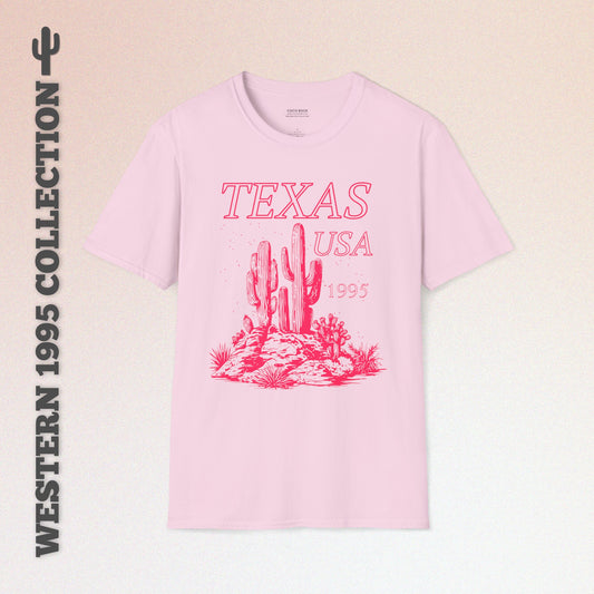 Texas, USA, Pink Desert Cactus Graphic T-Shirt, Western 1995 Graphic Tee Collection